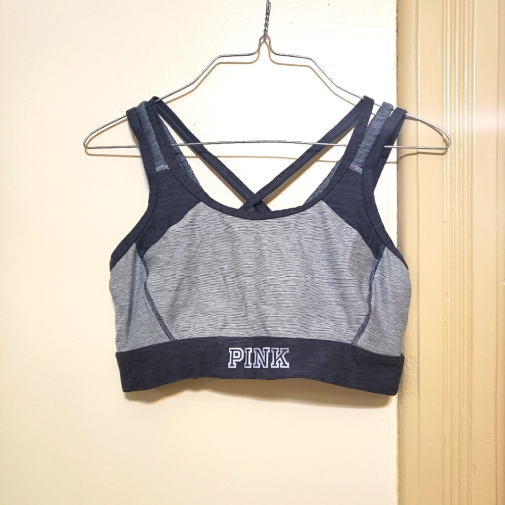 Brand new!! New Victoria's Secret PINK grey & black strappy sports bra sz medium